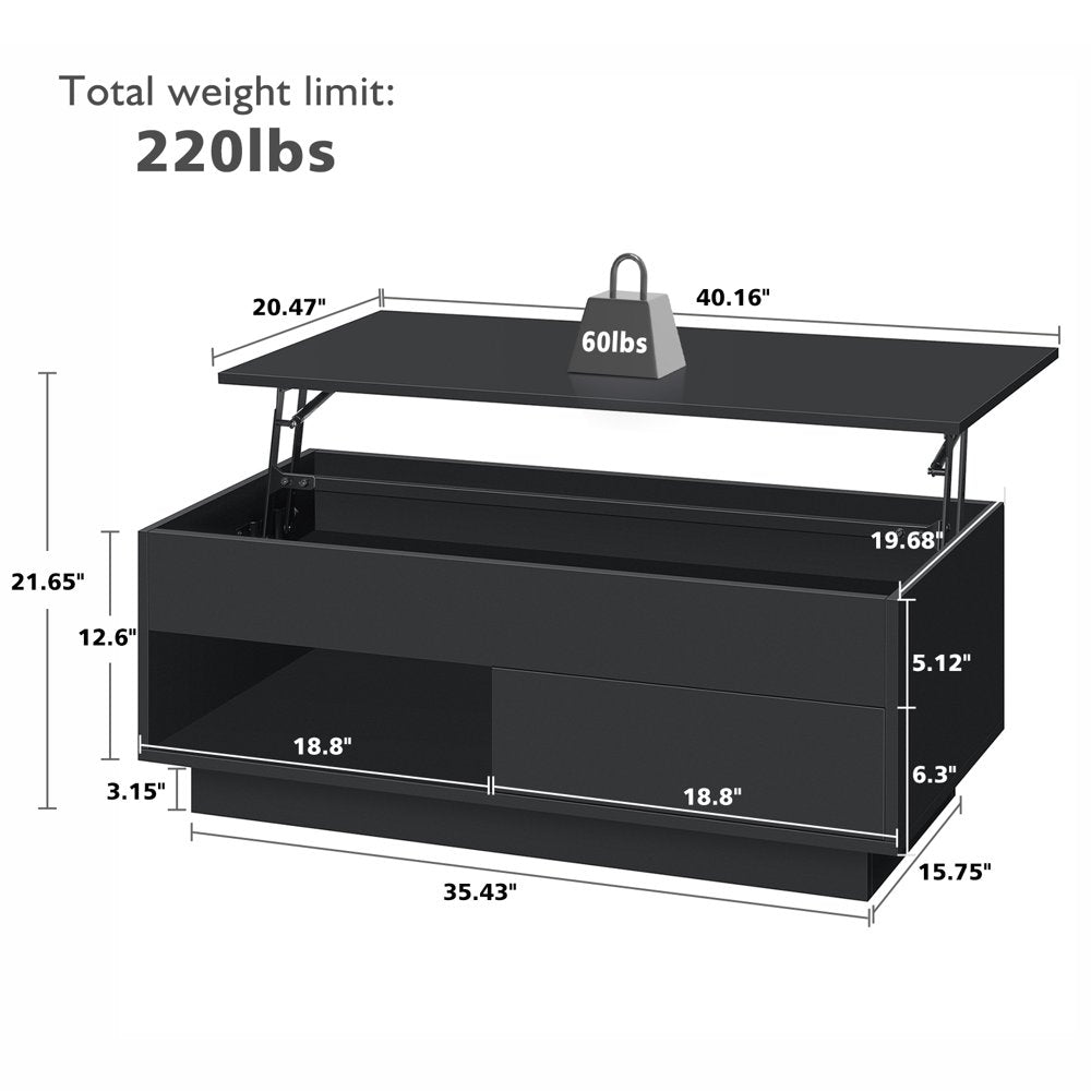 Lift Top Coffee Table with LED 39.4" Modern Rectangle Sofa Side Cocktail Tables Rising Lift up with Hidden Storage Drawer for Living Room