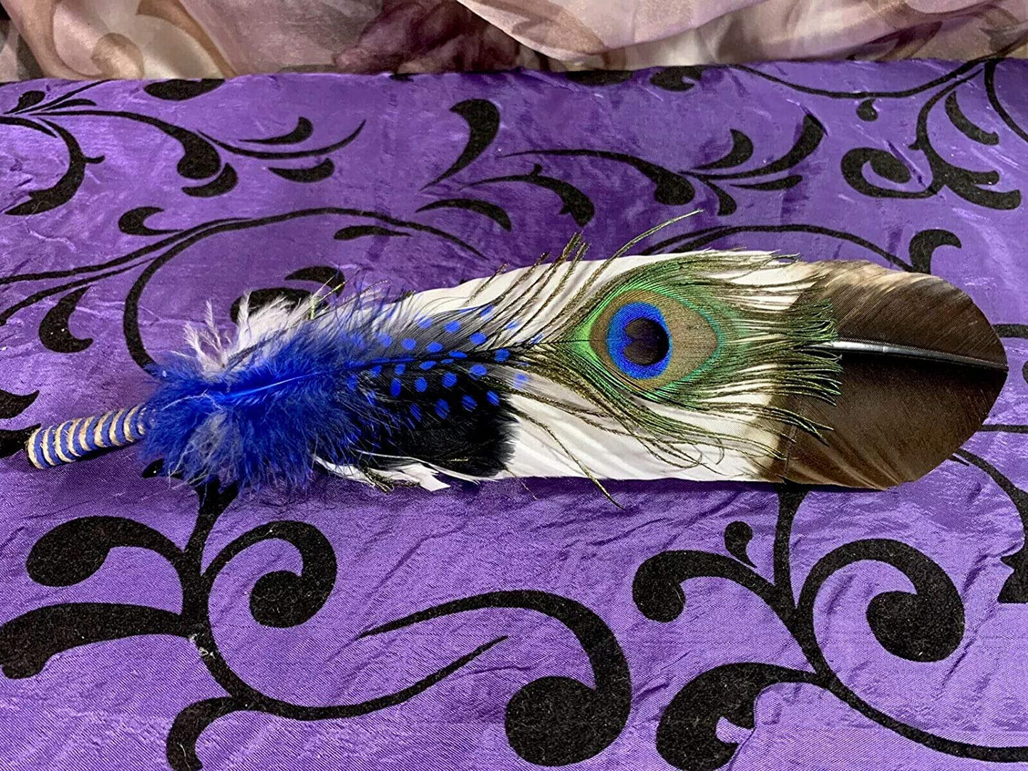 Smudge Feather, Turkey and Peacock, Unique Homecrafted Energy Cleansing Clearing Spiritual Practice House Smudging - Detailed Instructions for Beginners (Blue)