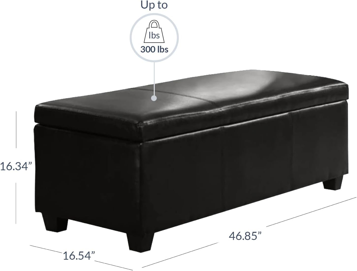 Modern 48 Inch Ottoman Bench Footstool Upholstered Faux Leather Decor for Living Room, Entryway, or Bedroom with Storage & Safety-Hinge Lid - Amherst (Black)