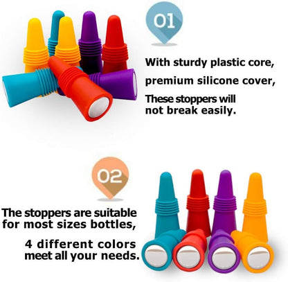 10 Pcs of Wine Stoppers,  Reusable Silicone Beverage Bottle Sealer Replacement with Grip Top for Cork to Keep the Wine Fresh - Red, Blue, Orange, Purple, Black