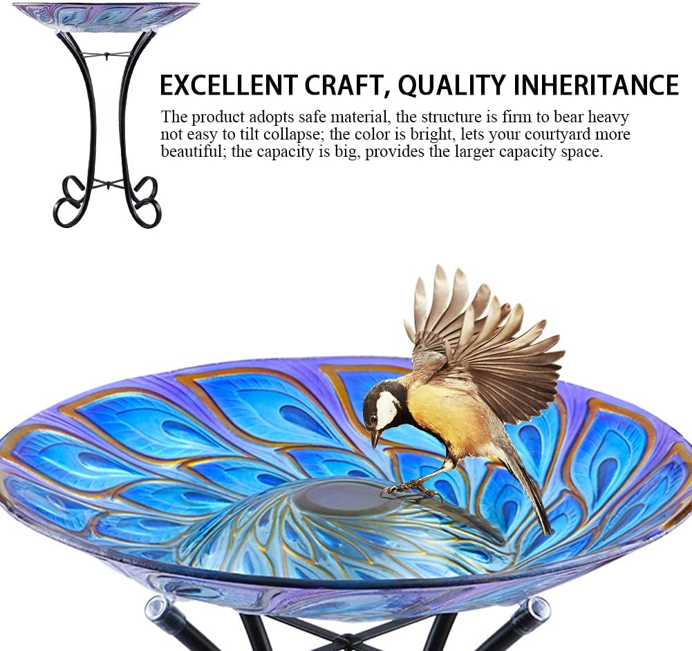 Outdoor Glass Bird Bath Solar Birdbaths with Metal Stand for Lawn Yard Garden Peacock Decor,18” Dia 21.65” Height