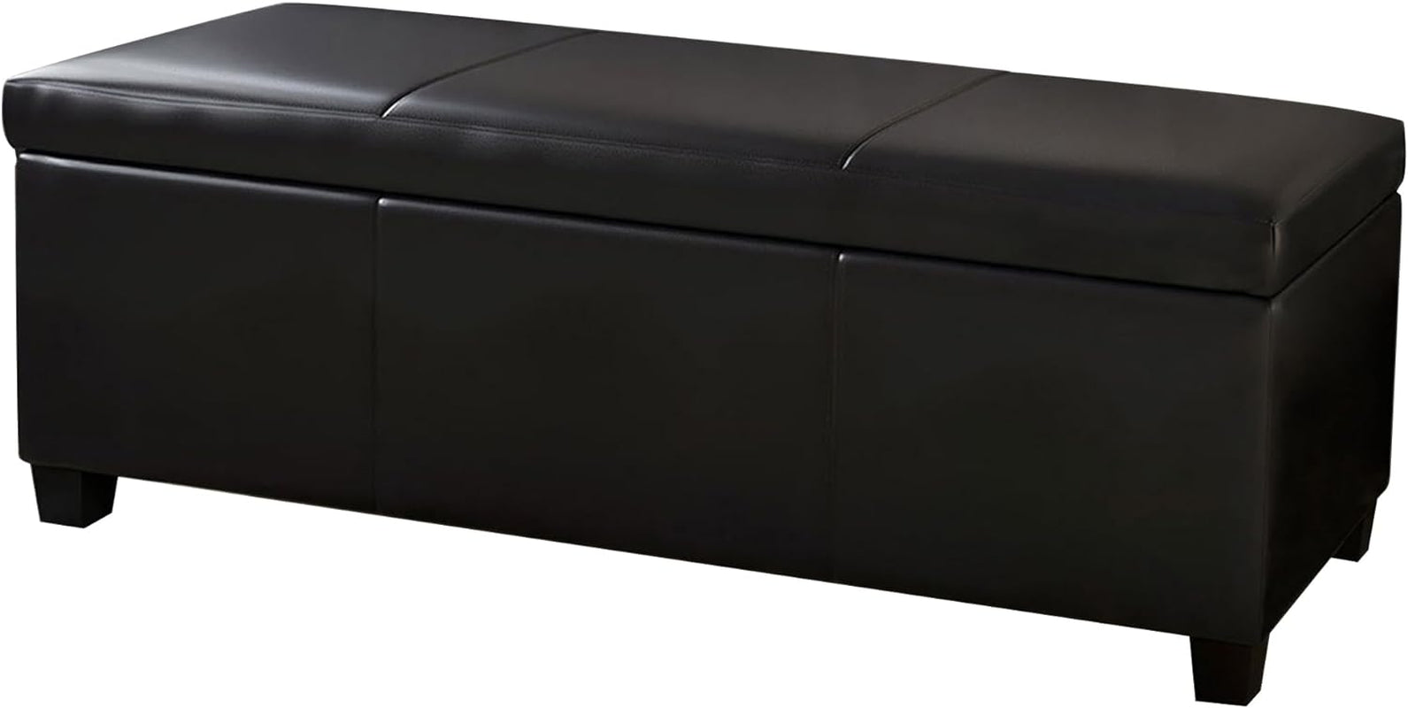 Modern 48 Inch Ottoman Bench Footstool Upholstered Faux Leather Decor for Living Room, Entryway, or Bedroom with Storage & Safety-Hinge Lid - Amherst (Black)