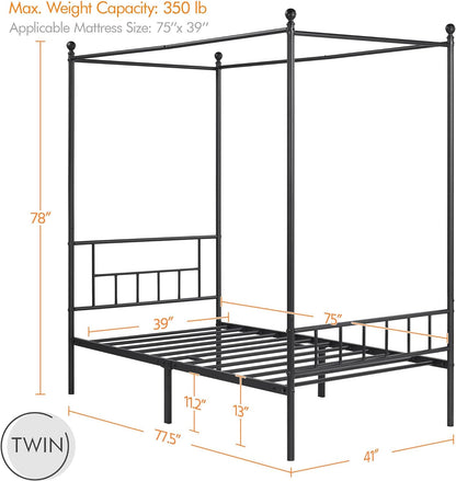 Metal Canopy Platform Bed Frame Four-Poster Canopied Bed Mattress Foundation with Headboard and Footboard Sturdy Slatted Structure No Box Spring Needed Easy Assembly Twin Black