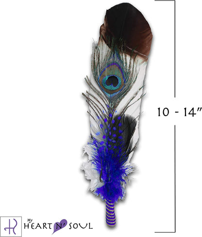 Smudge Feather, Turkey and Peacock, Unique Homecrafted Energy Cleansing Clearing Spiritual Practice House Smudging - Detailed Instructions for Beginners (Blue)