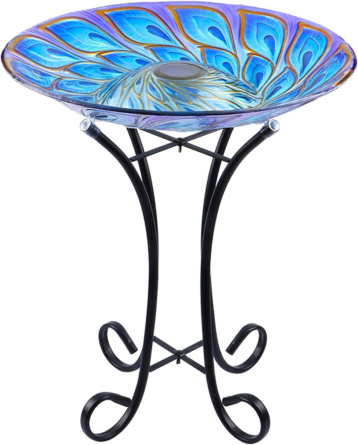 Outdoor Glass Bird Bath Solar Birdbaths with Metal Stand for Lawn Yard Garden Peacock Decor,18” Dia 21.65” Height