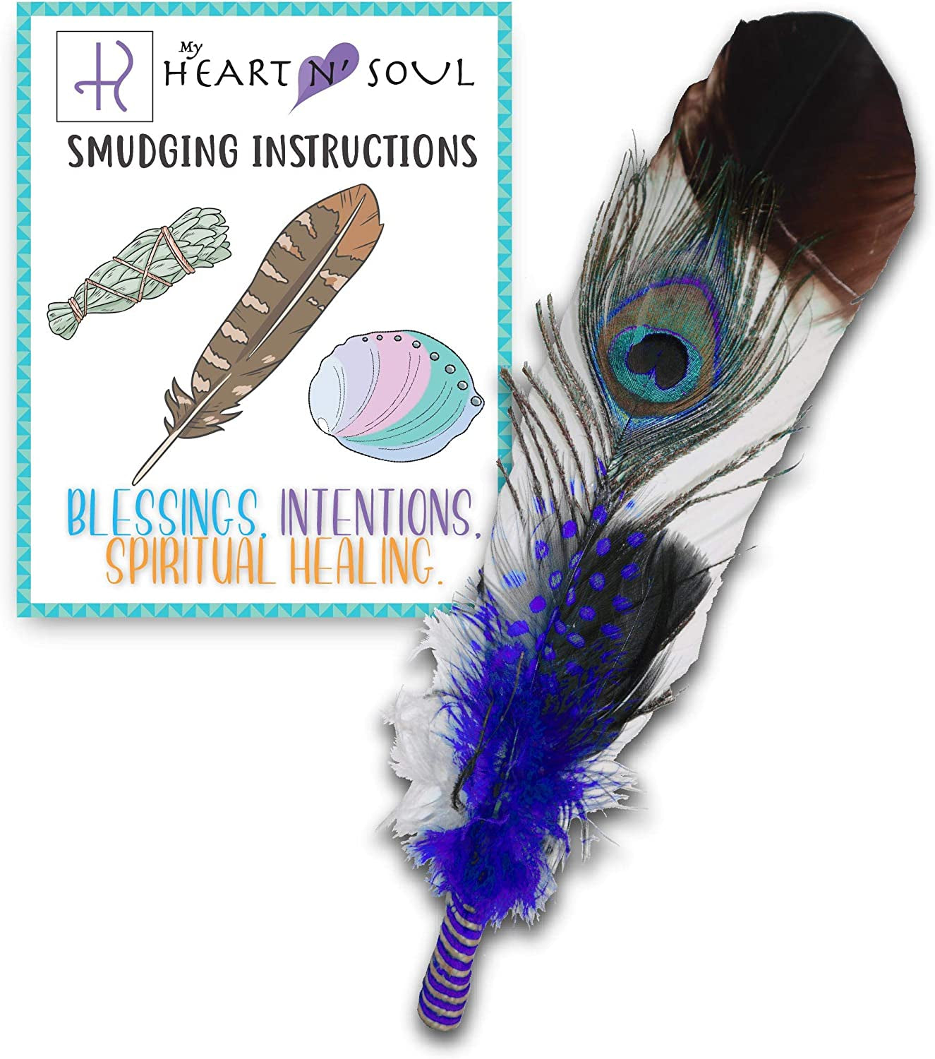 Smudge Feather, Turkey and Peacock, Unique Homecrafted Energy Cleansing Clearing Spiritual Practice House Smudging - Detailed Instructions for Beginners (Blue)