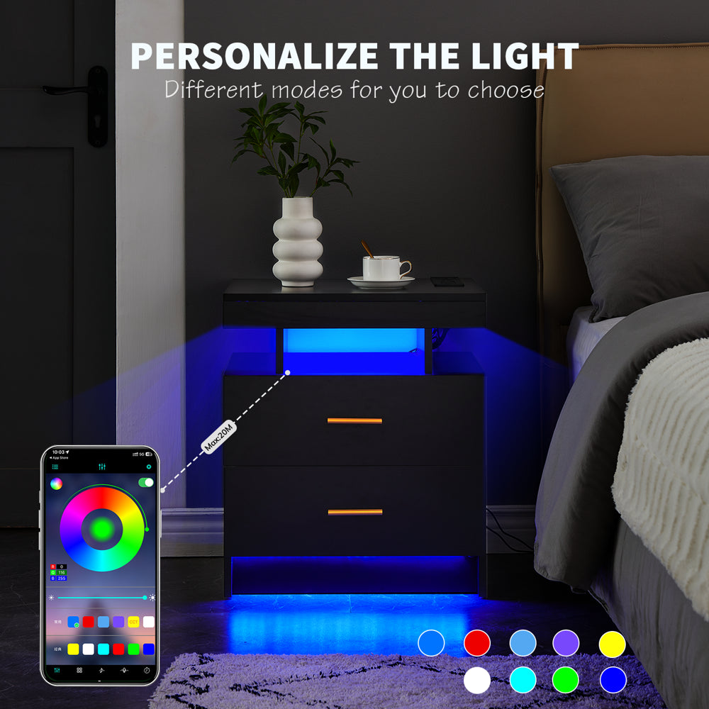 LED Nightstand, 2 Drawers Bedside Tables with Wireless Charging Station 2 Outlets and 2 USB Ports, Floating Nightstand with RGB 30 LED Light Mode App and Remote Control,White