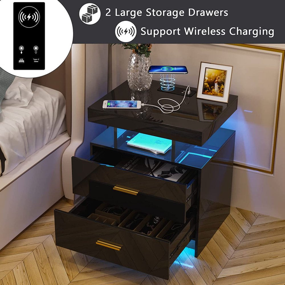 LED Nightstand, 2 Drawers Bedside Tables with Wireless Charging Station 2 Outlets and 2 USB Ports, Floating Nightstand with RGB 30 LED Light Mode App and Remote Control,White