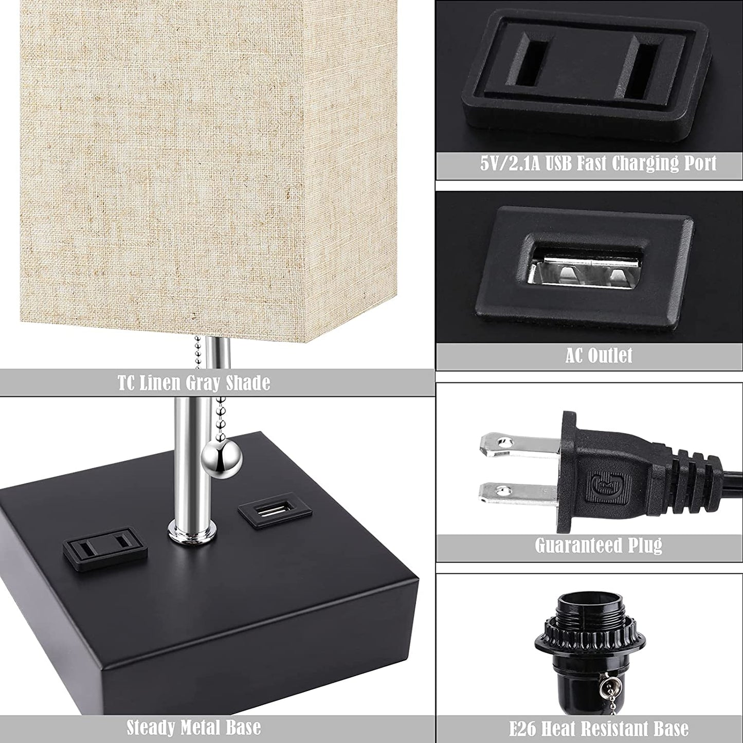 3-Color Temperature Table Lamp with USB Port and AC Outlet Bedside Lamps for Bedroom Nightstand Lamps with Oatmeal Shade Black Metal Bed Lamp Small Desk Lamps for Living Room Office (Bulb Included)