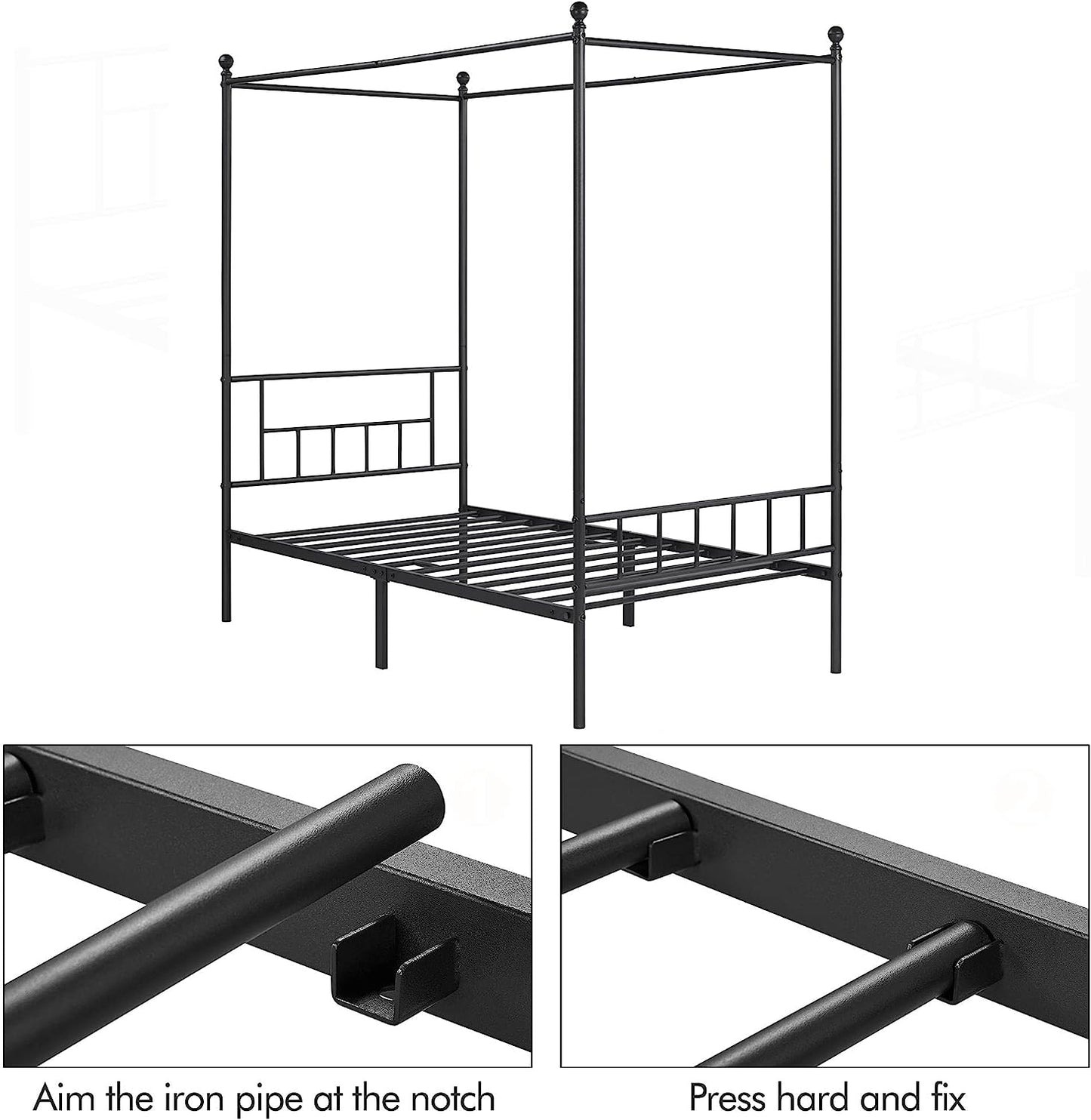 Metal Canopy Platform Bed Frame Four-Poster Canopied Bed Mattress Foundation with Headboard and Footboard Sturdy Slatted Structure No Box Spring Needed Easy Assembly Twin Black